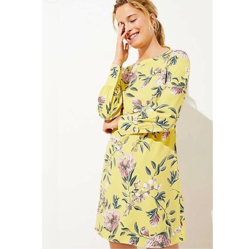 Loft Yellow Floral Long Sleeve Shift Dress Boat Neck Protea Print size 6 NWT
